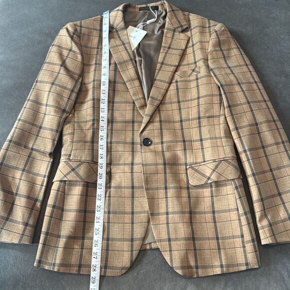 Men’s Brown Plaid 3 Piece Suit One Button Notched Lapel 32 Jacket 30 Pants NWT - Picture 5 of 16